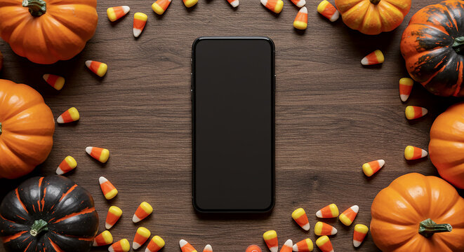 Halloween flat lay with a smartphone blank black screen, pumpkins, and candy corn on a rustic wooden background.