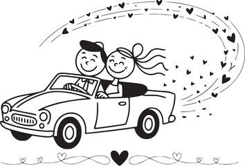 Couple in a Convertible: A cartoon couple, filled with the joy of togetherness, is cruising in a vintage convertible, surrounded by a trail of hearts representing the boundless love.