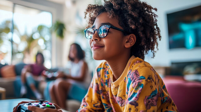 Joyful young girl with curly hair and cool glasses intently plays video games, smiling in bright living room as her family relaxes nearby.