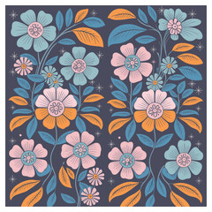 A vibrant seamless pattern featuring whimsical pink, orange, and light blue flowers with detailed leaves and tiny star-like accents on a deep navy background. This cheerful yet vintage-inspired.