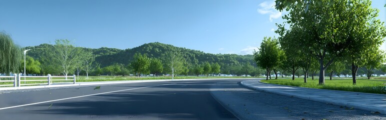 Scenic Road Through Lush Park Green Trees Clear Blue Sky Summer Day.