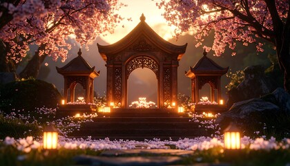 Tranquil Japanese Garden Gate with Cherry Blossoms and Lanterns