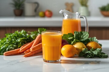 A glass filled with bright orange juice sits on a kitchen surface surrounded by various fruits and veggies including carrots, apples, lemons, and oranges.