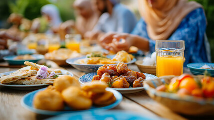 Young Middle Eastern Friends Hosting Traditional Iftar Breaking Fast Dinner With Dates and Fresh Juice During Ramadan. Religious Community Gathering Around Table Sharing Cultural F