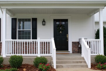 Home entrance featuring a decorated black door with a wreath and a signboard on a square porch. Exterior showcases white vinyl siding, brick accents, and window railings with black faux shutters.