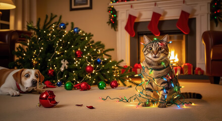 Mischievous cat tangled in Christmas lights by fireplace while a surprised dog watches a broken Christmas ball on the carpet.