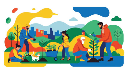 People planting trees in city park, garden, farm. Eco volunteers team. happy adults and kids work outside in nature together for ecology and environment conservation.