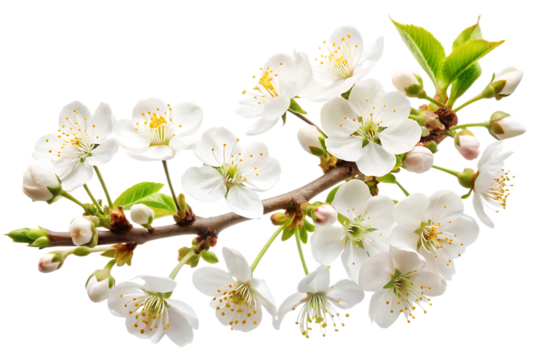 Cherry blossom branch white flowers isolated on a transparent background delicate petals - Powered by Adobe