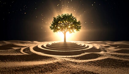 Tree Growing in Sand with Glowing Light and Concentric Circles