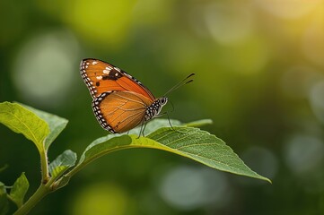 A single orange-winged butterfly perched on a green leaf with a softly blurred background.