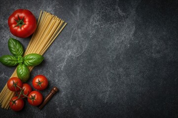 Culinary setup featuring pasta ingredients like spaghetti, tomato, basil, and pepper on a dark textured surface.