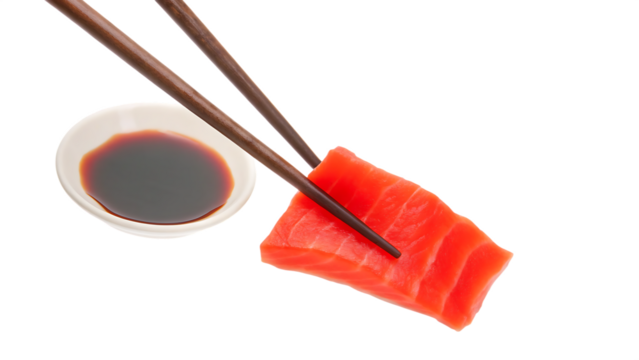 Chopsticks holding raw fish slice with soy sauce isolated on a transparent background - Powered by Adobe