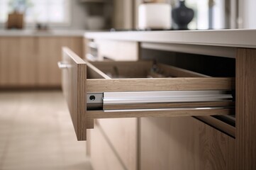 Drawer pulled out to reveal metal runners