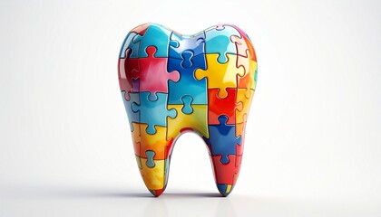 Colorful jigsaw puzzle shaped like a tooth &mdash; playful anatomy, crafted complexity, symbolic oral health.