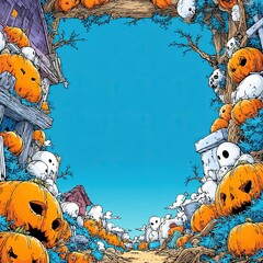 Cartoon illustration of a Halloween frame with pumpkins, ghosts, and tombstone at the cemetery against a blue copy space, scary background for October decor.