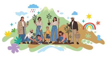 People planting trees in city park, garden, farm. Eco volunteers team. happy adults and kids work outside in nature together for ecology and environment conservation.