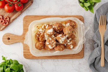 Single portion of pre-cooked meatball meals displayed on a wooden board, suitable for meatball promotions