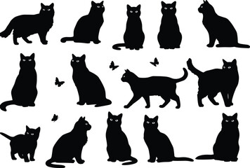 Black cat silhouettes with butterflies, animal illustration set, feline artwork, pet design elements, wildlife graphic, creative decoration, playful vector, nature concept, eyes detail