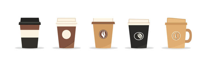 Minimalist coffee cup vector set with different lid styles and coffee bean logos in flat design for coffee shop branding and packaging templates