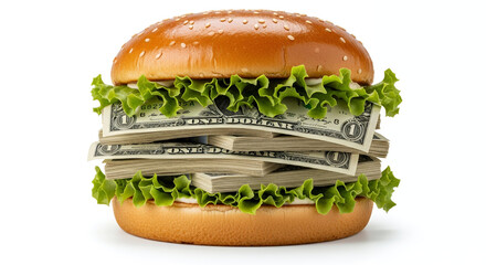 Hyper-realistic burger with only lettuce and bread, the meat patty replaced by a stack of dollar bills