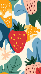 Abstract colorful tropical leaves and vibrant red strawberries with flat minimalist botanical shapes on cream background for modern design and decor