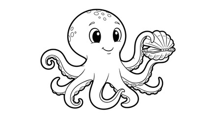 Cheerful Octopus Holding a Seashell, Isolated White Background