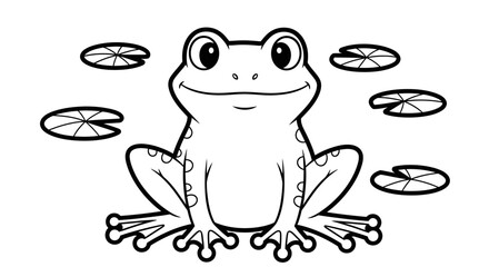 Cheerful Frog Sitting on Lily Pad with Water Lilies, Isolated White Background