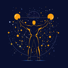 Abstract muscular businessman lifting barbell weights with starry night space background futuristic fitness concept vector illustration