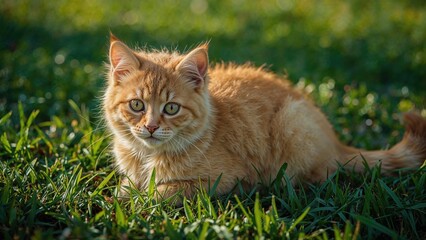 Yellow kitty perched on natural grass surface