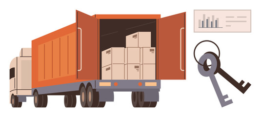Obraz premium Open truck with cargo boxes and security keys, bar graph showing metrics. Ideal for logistics, supply chain, inventory, delivery, transportation, security warehouse planning. Simple flat metaphor
