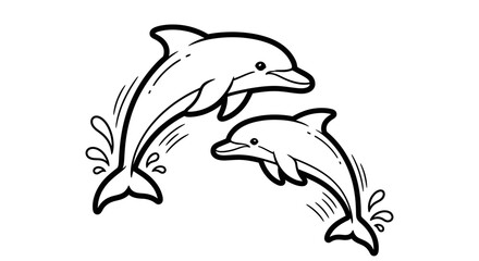Playful Cartoon Dolphins Jumping Out of Water with Splashes on Isolated White Background