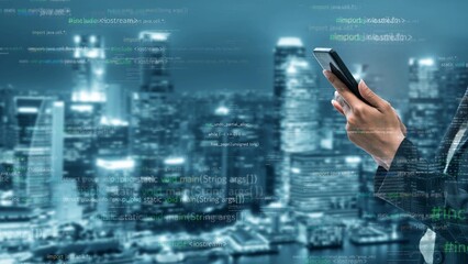 A professional man interacts with a smartphone, set against a night city skyline, illustrating the fusion of technology, communication, and innovation in modern life. Xenic