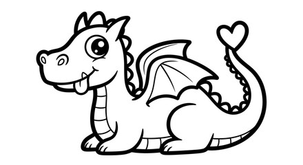 Cute Baby Cartoon Dragon Sitting and Smiling with Heart-Shaped Tail on Isolated White Background