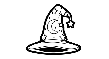 Magical Cartoon Wizard or Witch Hat with Stars and Moon Design on Isolated White Background for Coloring Book
