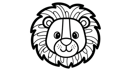 Majestic Cartoon Lion Head Portrait with Mane on Isolated White Background for Coloring Book