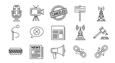 Minimalist Media, News, and Censorship Line Art Icon Set – 15 Black and White Vector Icons