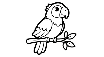 Cute Cartoon Parrot Perched on a Branch, Ready for Coloring Book, Isolated White Background
