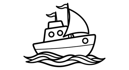 Charming Cartoon Sailboat Floating on Gentle Ocean Waves, Nautical Vessel Line Art, Isolated White Background.