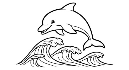 Joyful Dolphin Leaping Over Ocean Waves, Energetic Marine Mammal Activity Line Art, Isolated White Background.