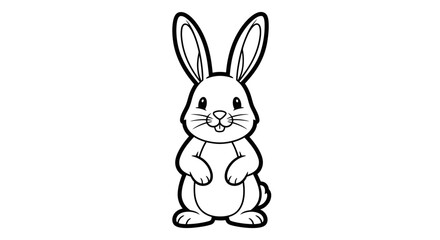 Cute Fluffy Bunny Rabbit Sitting and Looking Forward, Adorable Woodland Animal Line Art, Isolated White Background.