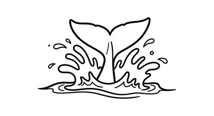Dynamic Whale Tail Splashing Water in the Ocean, Powerful Marine Mammal Movement Line Art, Isolated White Background.
