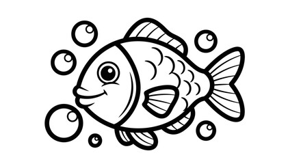 Cartoon fish swimming with bubbles, outlined in black and white.