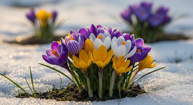 Spring Crocus Flowers in Snow.