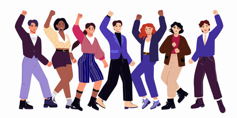 Diverse group of people raising fists in the air celebrating victory and unity