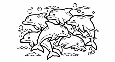 Energetic Group of Dolphins Playing and Swimming with Bubbles in the Ocean