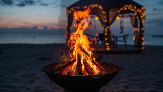 Barbecue with fire inside on a circular cooking top by the shore, near a lit gazebo with string lights at dusk.