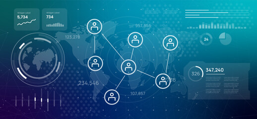Futuristic digital dashboard featuring connected network of people icons over a world map represents social media networks global communication human connection in modern digital world © bakhtiarzein