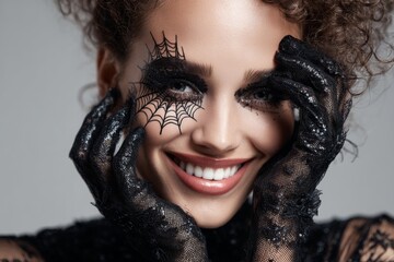 A young woman poses happily with spider web designs on her eyes, wearing black lace gloves and a dress. The studio setting highlights her fun and festive Halloween spirit