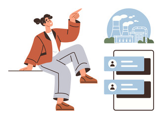 Woman pointing upward, factory illustration with cooling towers in backdrop, and digital interface chat. Ideal for sustainability, energy, innovation, communication, teamwork, ecology clean energy