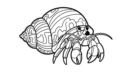 Cute Cartoon Hermit Crab in Shell, Isolated White Background, Coloring Book Style